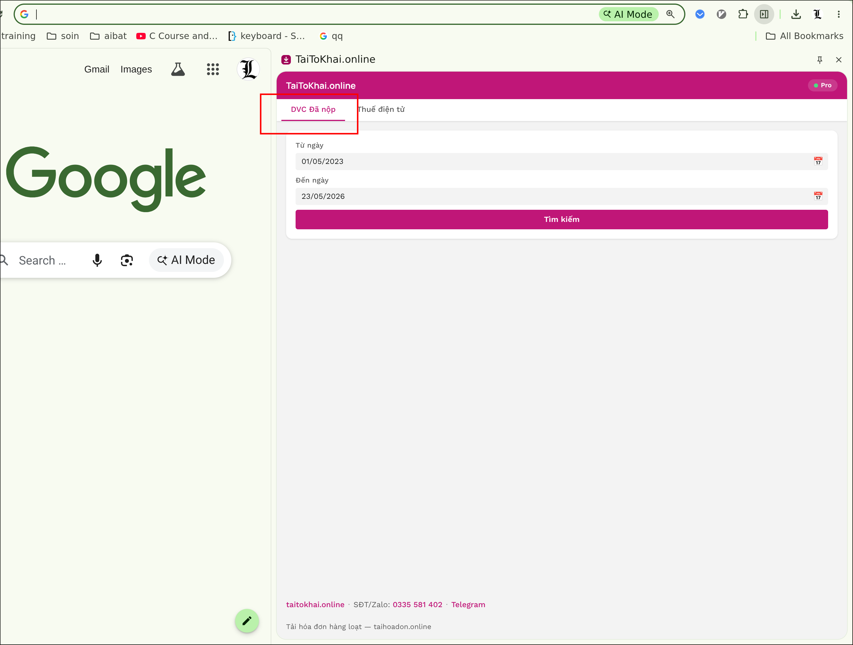 Chọn tab Dịch vụ công trên Sidebar